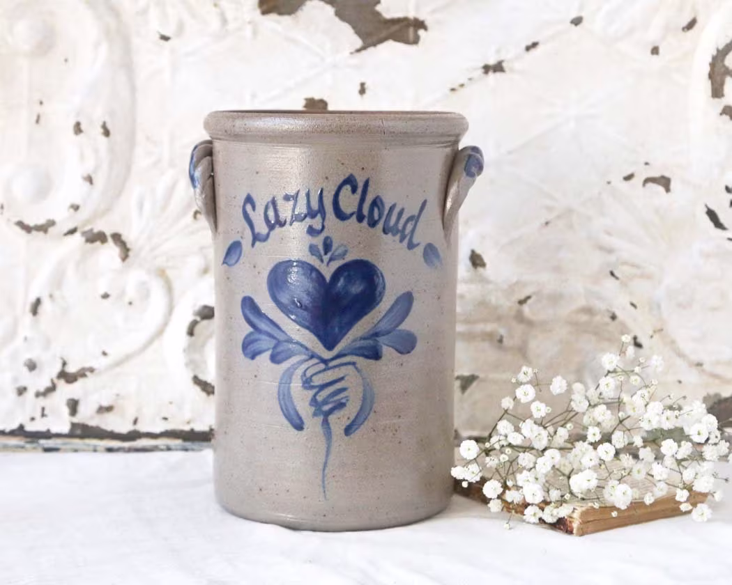 Rowe Pottery Works Crock, Lazy Cloud Large Salt Glazed Vintage Crock