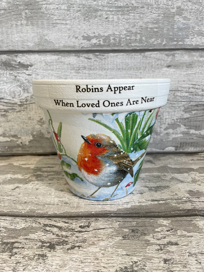 Robin Plant Pot For Inside Or Out Decoupaged, Robins, Garden Gifts, Robins Appear When Loved Ones Are Near