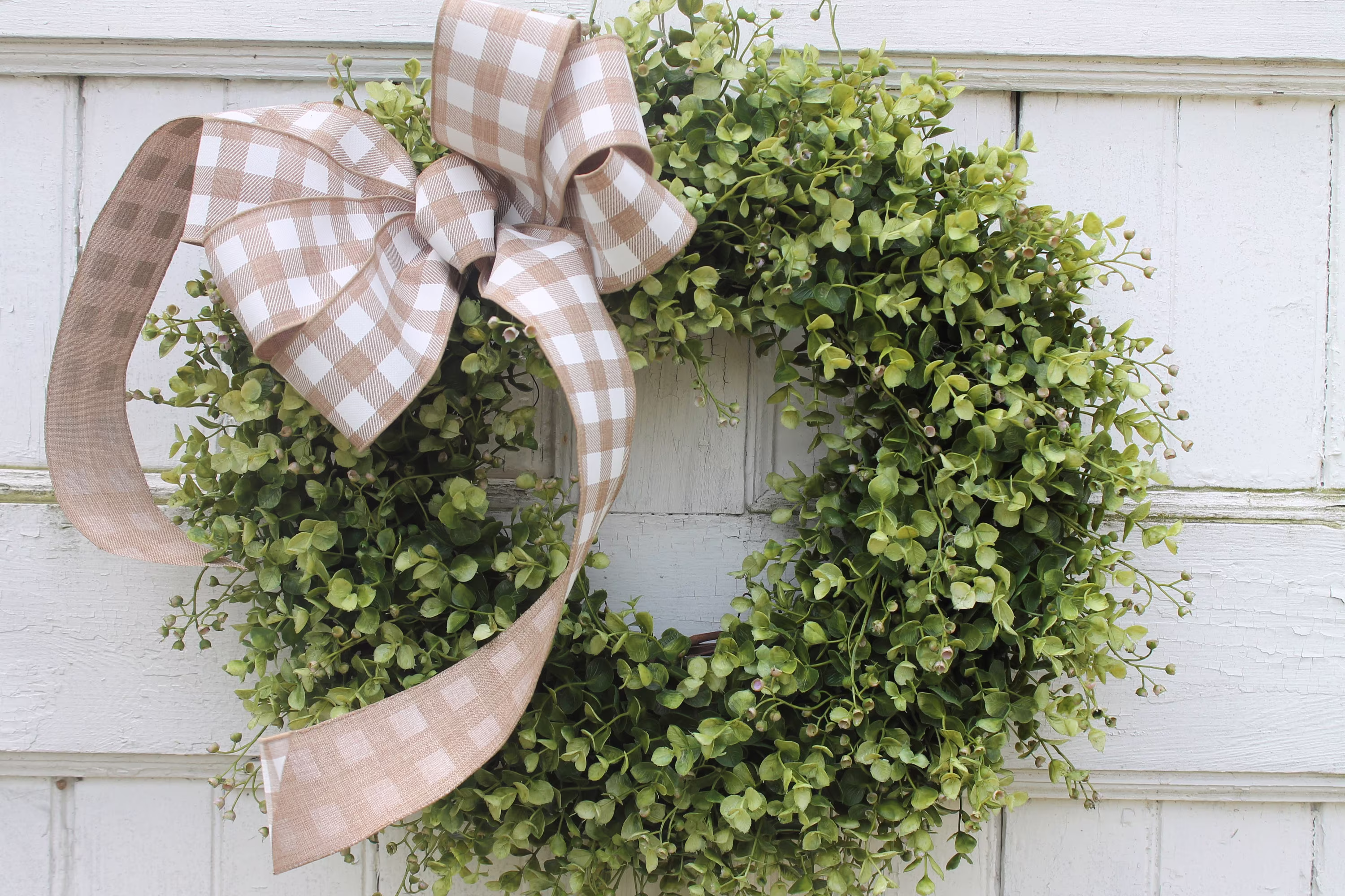 Boxwood Wreath With Tan Buffalo Checked Bow, Summer Outdoor Wreath, Farmhouse Year Round All Season Front Door Eucalyptus