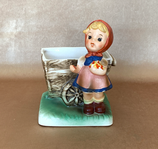 1940S Ceramic Planter, Inarco Japan Hummel Style Little Girl & Wagon Hand Painted Plant Pot, Mid Century Porcelain Gift Planter
