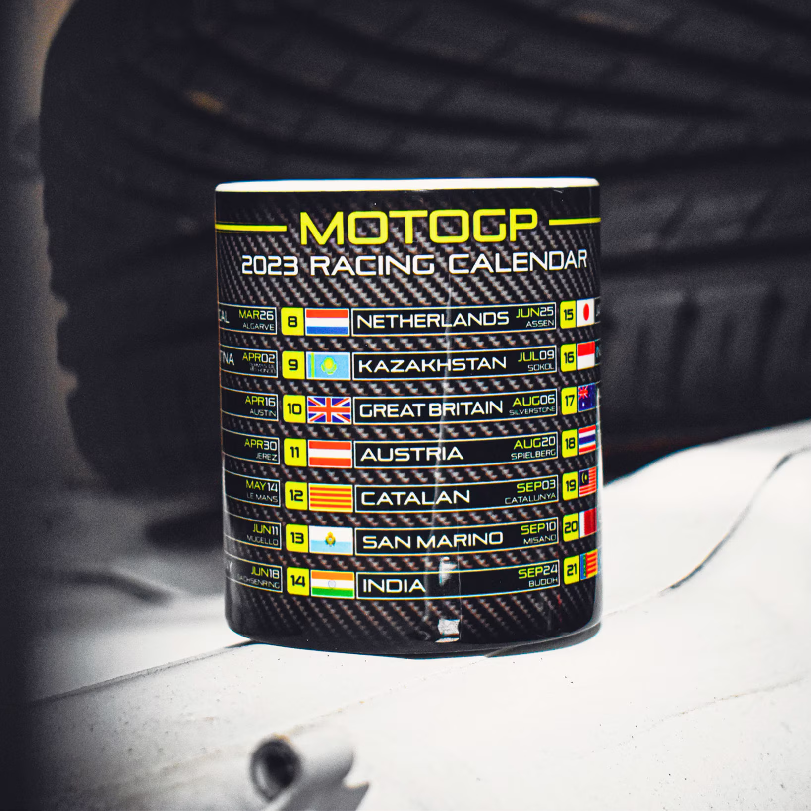 Motogp 2023 Season Racing Calendar Mug - Carbon Fiber Weave/Grand Prix Cars Cup Gift Ideas By Legacy Legends