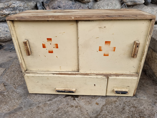 Vintage Old Wooden Medicine Cabinet - Medical Locker Old Pharmacy Wall Hanging Box Wooden With Red Cross