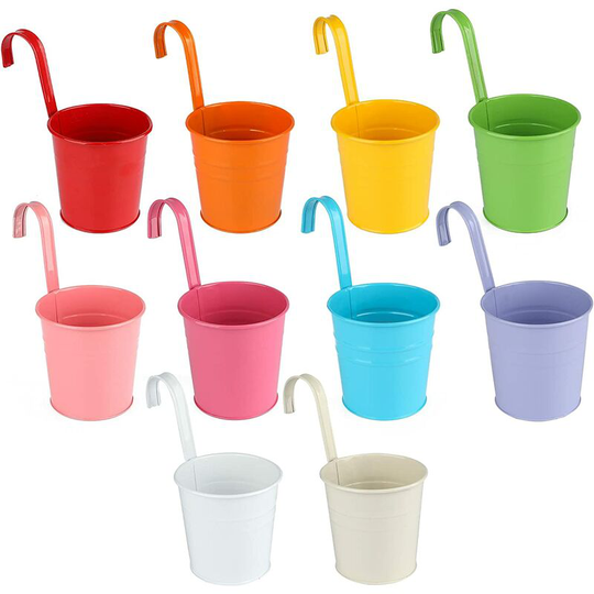 Monly - 10 Hanging Metal Flower Pots, Iron Potted Planter with Drainage Hole, Perfect for Garden Decoration (10 Colors)