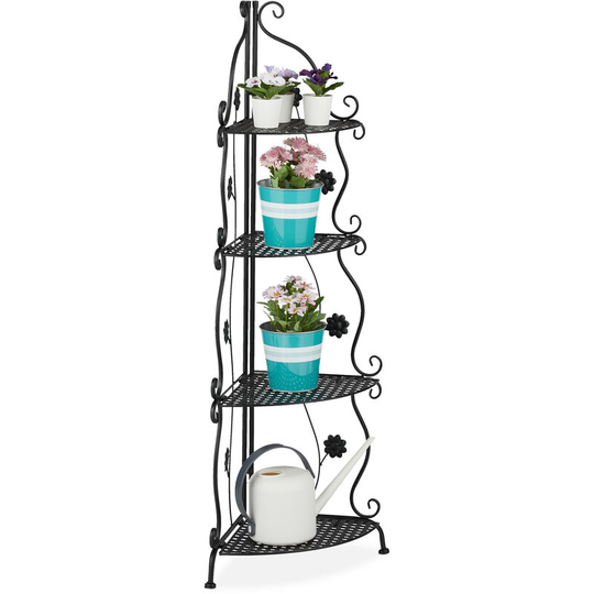 Relaxdays - Metal Plant Stand, 4 Tiers, Decorative Rack, Indoor & Outdoor, HxWxD: 113.5 x 31 x 31 cm, Corner Shelf, Black