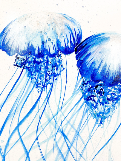 Blue Jellyfish 2 Print Watercolor Sea Life Relaxing Meditation Mermaid Salt Beach Ocean