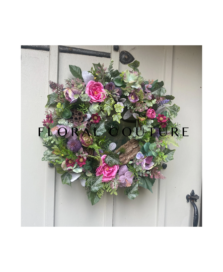 Handmade Autumn/Winter Front Door Wreath, Pink & Mauve Seasonal Wreath, Hydrangea Rose Floral Artificial Seasonal Wreath