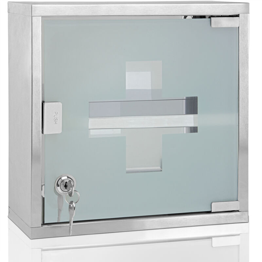 Medicine Cabinet Wall Mounted First Aid Lockable Glass Steel Cupboard Box 2 compartments - Deuba