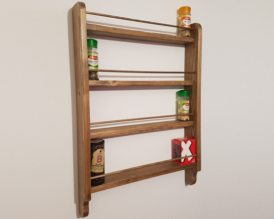 Spice Rack Rustic 4 Shelf Wall Mountable Kitchen Storage Cup Mug Utensil Hooks