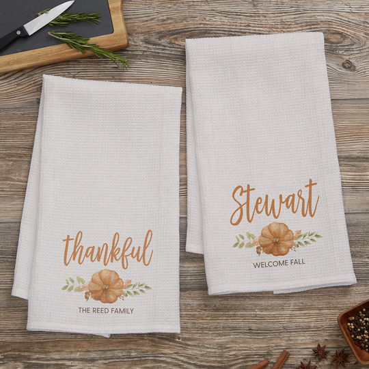 Seasonally Script Personalized Fall Waffle Weave Kitchen Towel, Gifts, Thanksgiving Home Decor, Decor