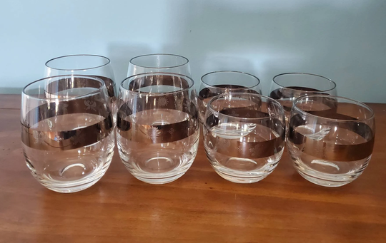 Vintage Barware Mcm Roly Poly Silver Band Cocktail Glass Set Four Seasons By Dorothy Thorpe