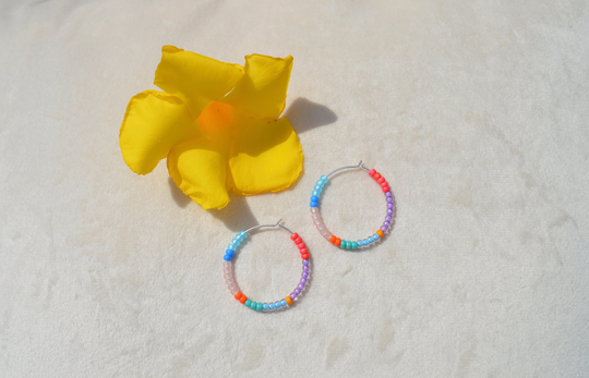 Multicolor Colorful Hoop Earrings, Seed Bead Hoops, Sterling Silver, Tiny Boho Rainbow Miyuki, Mini Small