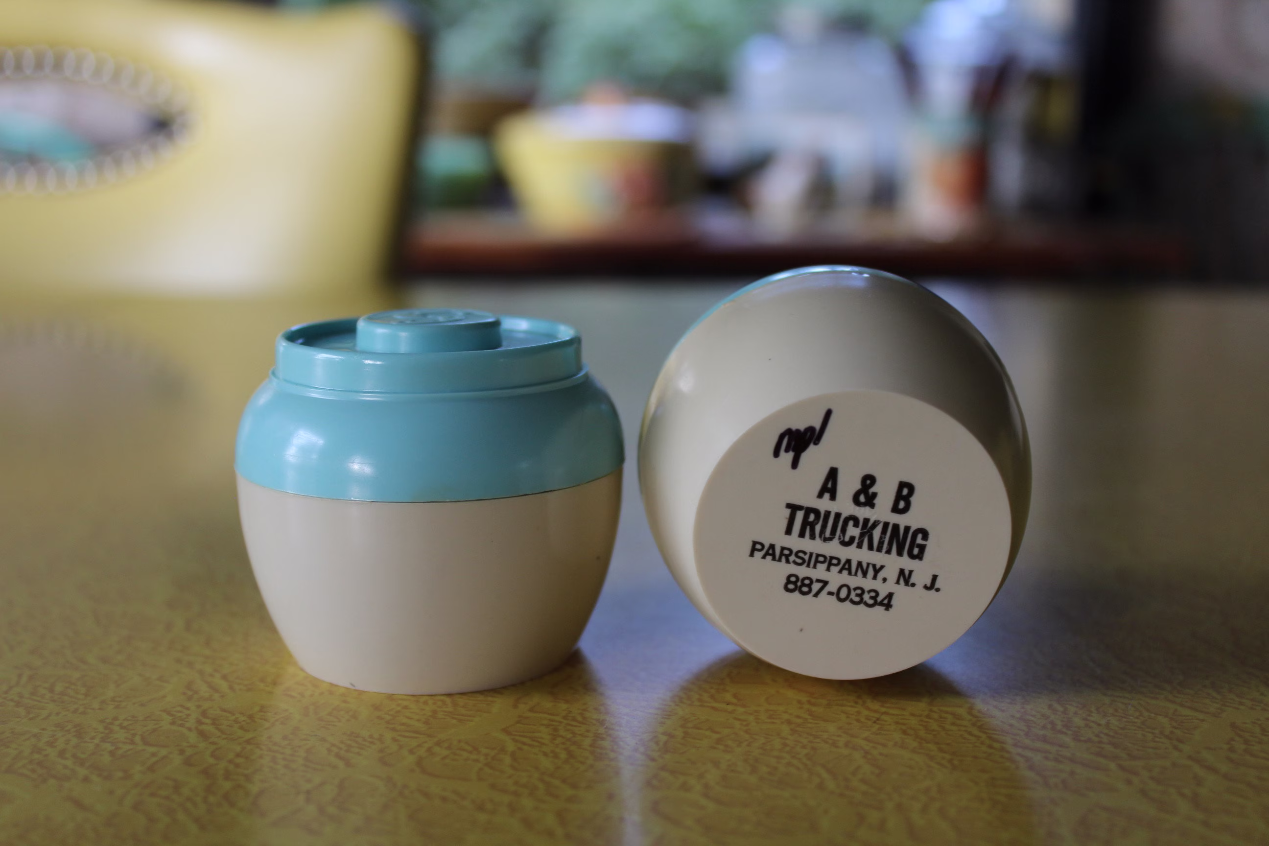 Retro Truck Stop Turquoise Salt & Pepper Shakers, A & B Trucking Nj Advertisement, 50S Blue Shakers From Diner For Camper