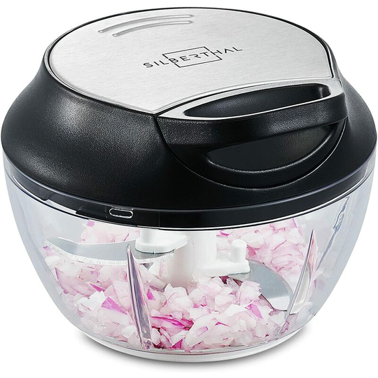 Mini Manual Stainless Steel Chopper - 5 Seconds - With Lid And Scraper - Blender Cuts Onions, Garlic, Herbs