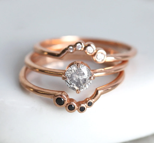 Salt & Pepper Diamond Engagement Ring Set, Rose Gold Alternative Wedding Set