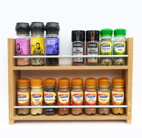 Solid Oak Spice Rack 2 Shelf Deep Shelves Open Top For Larger Jars Bottles & Packets Kitchen Storage Herbs Spices Worktop Door Or Wall Mount