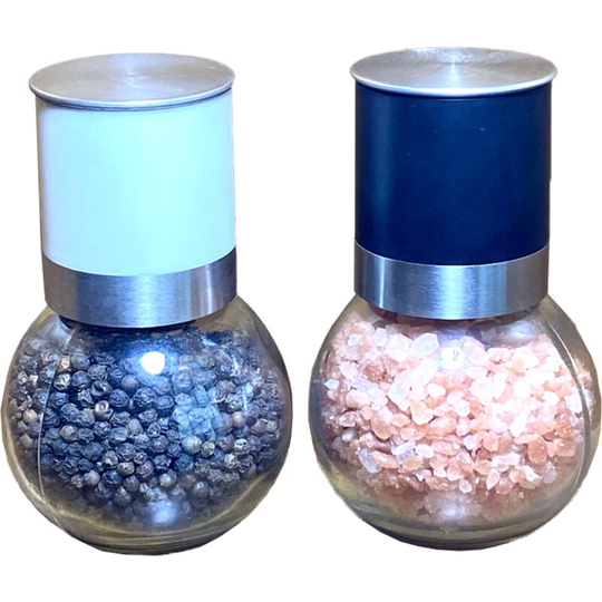 Compact Salt and Pepper Grinder Set with Adjustable Coarseness - Fully Ceramic white+black