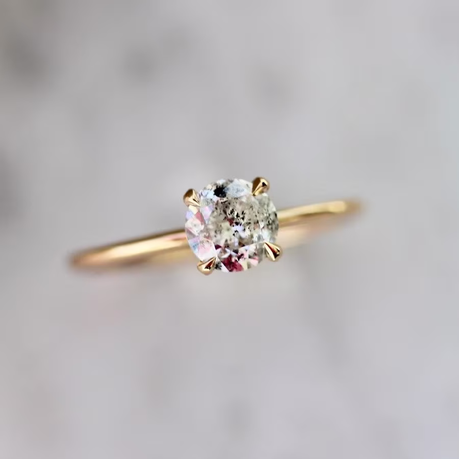 1.15 Carat Stella Salt & Pepper Round Brilliant Cut 18K Yellow Gold Handmade Ring | Rose White Wedding Gift For Her