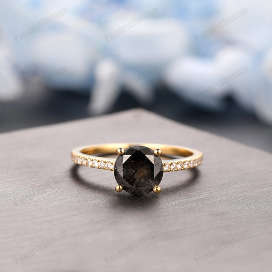 Vintage 7mm Round Natural Diamond Women's Promise Ring, Salt & Pepper Proposal 18K Rose Gold Engagement Wedding Ring