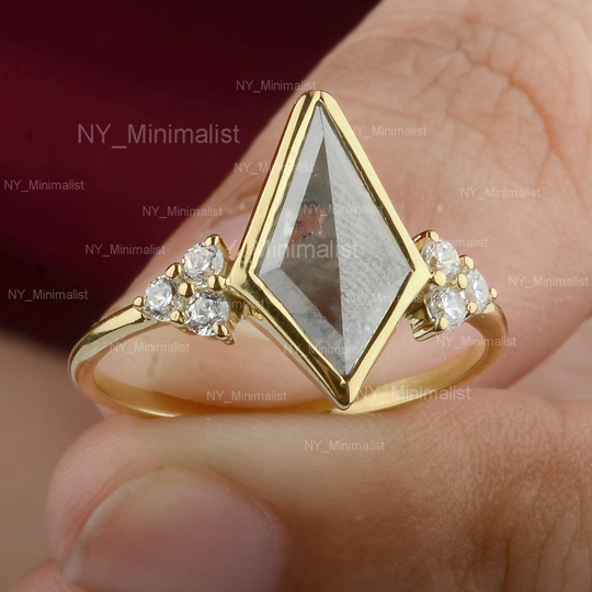 Kite Pepper Salt Diamond & Pave Solitaire Stable Wedding Band Ring in Solid 14K Yellow Gold Jewelry Gift For Her