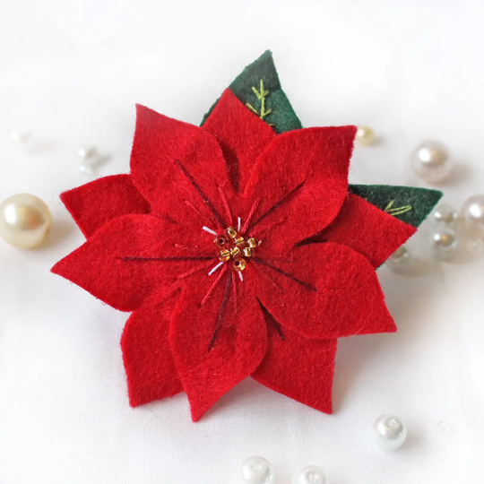 Red Poinsettia Christmas Brooch, Hand Embroidered Felt Flower Winter Coat Festive Season Holiday Jewelry