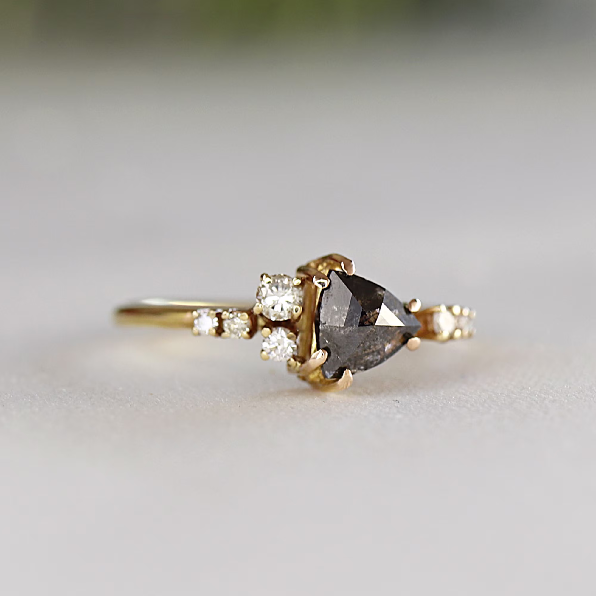 Salt & Pepper Cluster Ring 14K Gold, Handcrafted Rose Cut Black Diamond Ring, Triangle Rustic Trillion Raw