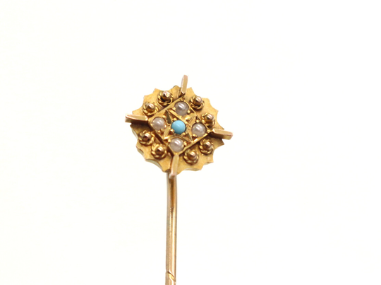 Antique Gold Color Metal Turqouise Seed Pearls Stick Pin Cravat Tie Pin Victorian Ca1890S Vintage Jewelry Wedding Christmas Gift For Him Her