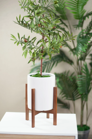 Ceramic Cylinder Planter & Stand - Plant With 6'' White Square Walnut Mid Century Modern