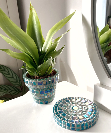 Handmade Teal Mosaic Indoor | Outdoor Plant Pot & Coaster Set Home Decor Birthday Gift Cactus Planter