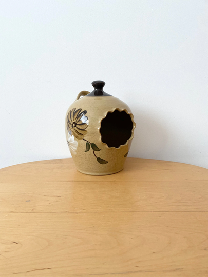 Large Pottery Salt Pig, Brown Hand-Painted Pig