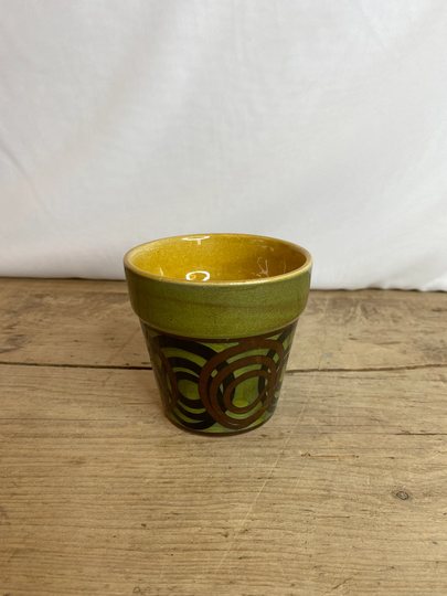 Vintage Unnamed Small Plant Pot/Planter With Green Swirls & Yellow Inside. Good Condition