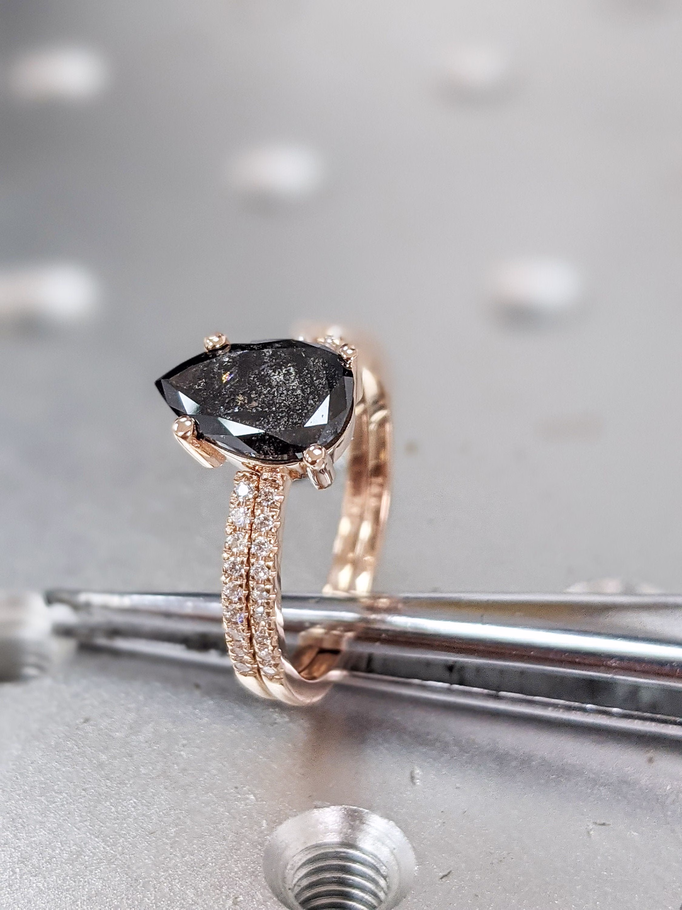 1.5Ct 1920's Raw Salt & Pepper Diamond, Pear Diamond Ring, Unique Engagement Bridal Set, Black, Gray Pear, 14K Yellow, Rose, Or White Gold