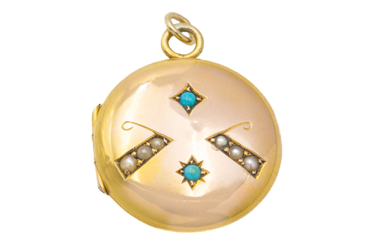 Edwardian 9Ct Gold Turquoise & Seed Pearl Round Locket
