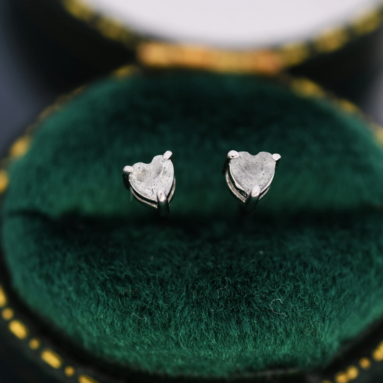 Salt & Pepper Quartz Crystal Heart Stud Earrings in Sterling Silver, Earrings, Tiny