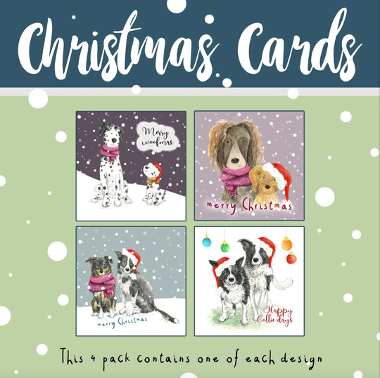 Doggie Friends Pack 4 Christmas Cards Illustrated Catherine Redgate Card Xmas Pun Humour Funny Cute Winter Seasons Greetings X-Mas Collie