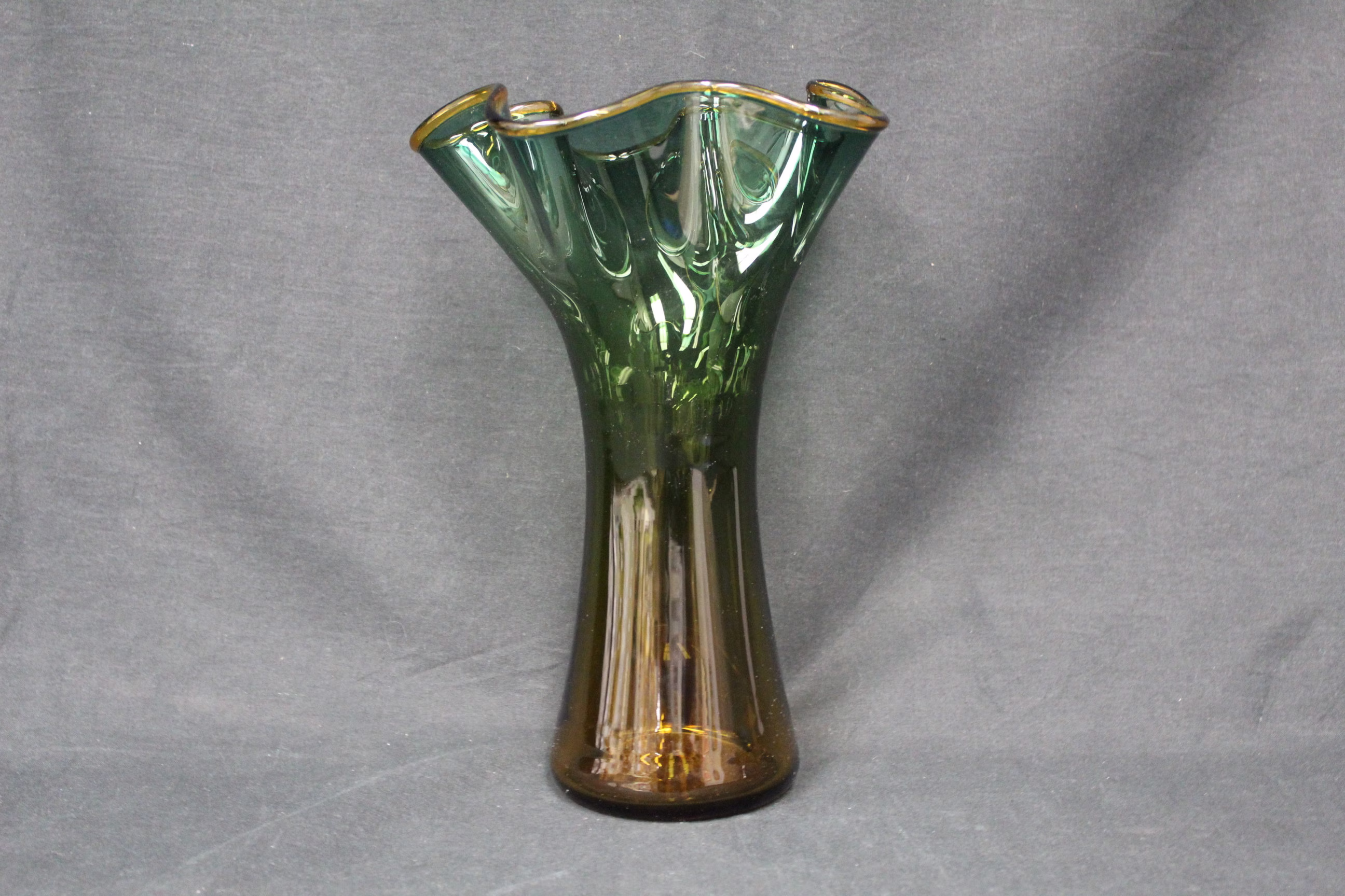 Vintage Blenko Large Brown & Green Art Glass Vase With Ruffled Yellow Rimmed Top | V3720