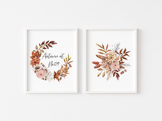 Autumn Prints, Set Of Two, Personalised At No, Watercolour Seasonal Bouquet Illustration Unframed Wall Art Poster Print|Autumn Decor