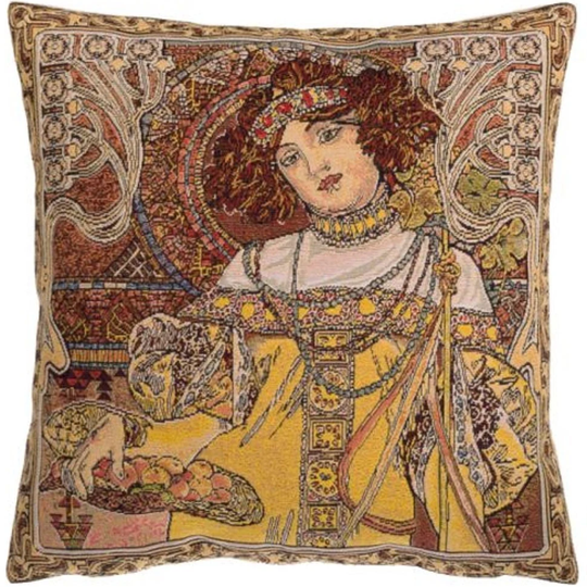 Alphonse Mucha Autumn Automne Seasons Belgian Belgium Jacquard Woven Hand Finished Tapestry Pillow Cushion Cover, 46cm X 46cm, 18