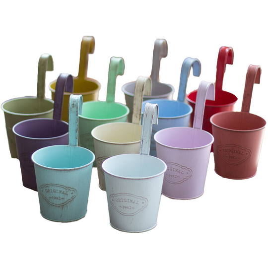 Denuotop - Small Metal Hanging Plant Pot (Pack of 12) - 18 x 7.8 cm - Mini Colorful Metal Plant Pot with Strong Hook - Balcony, Home, Garden and