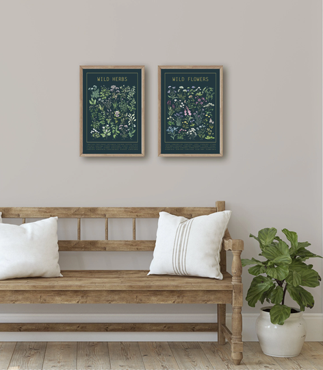 Wild Herbs & Flowers Poster Set Dark | Large Wall Art Chart