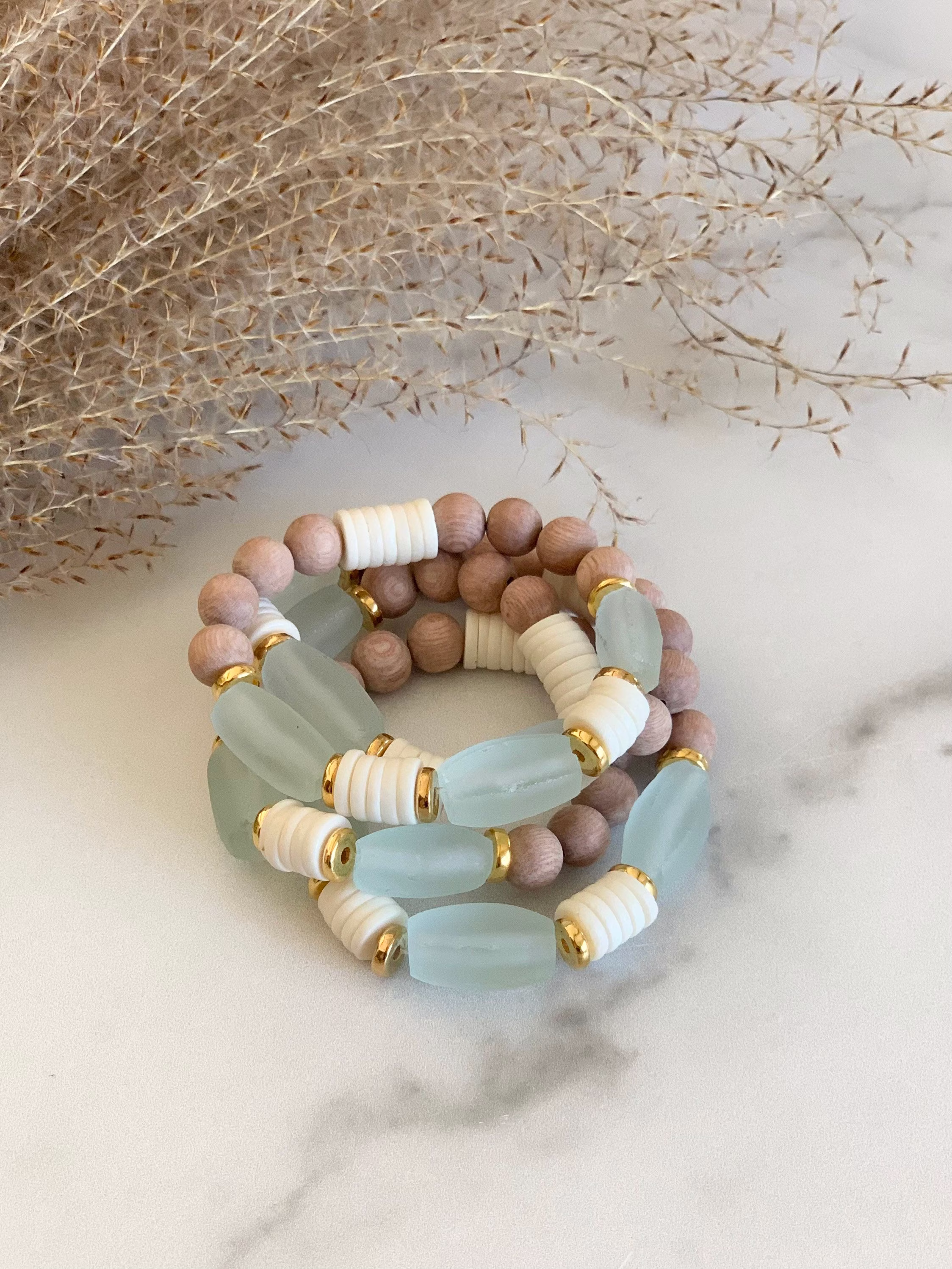 Sea Salt Diffuser Bracelet ~ Essential Oil Aromatherapy Holistic Travel Boho Vacation Bridal Beach 24K Gold Sea Glass
