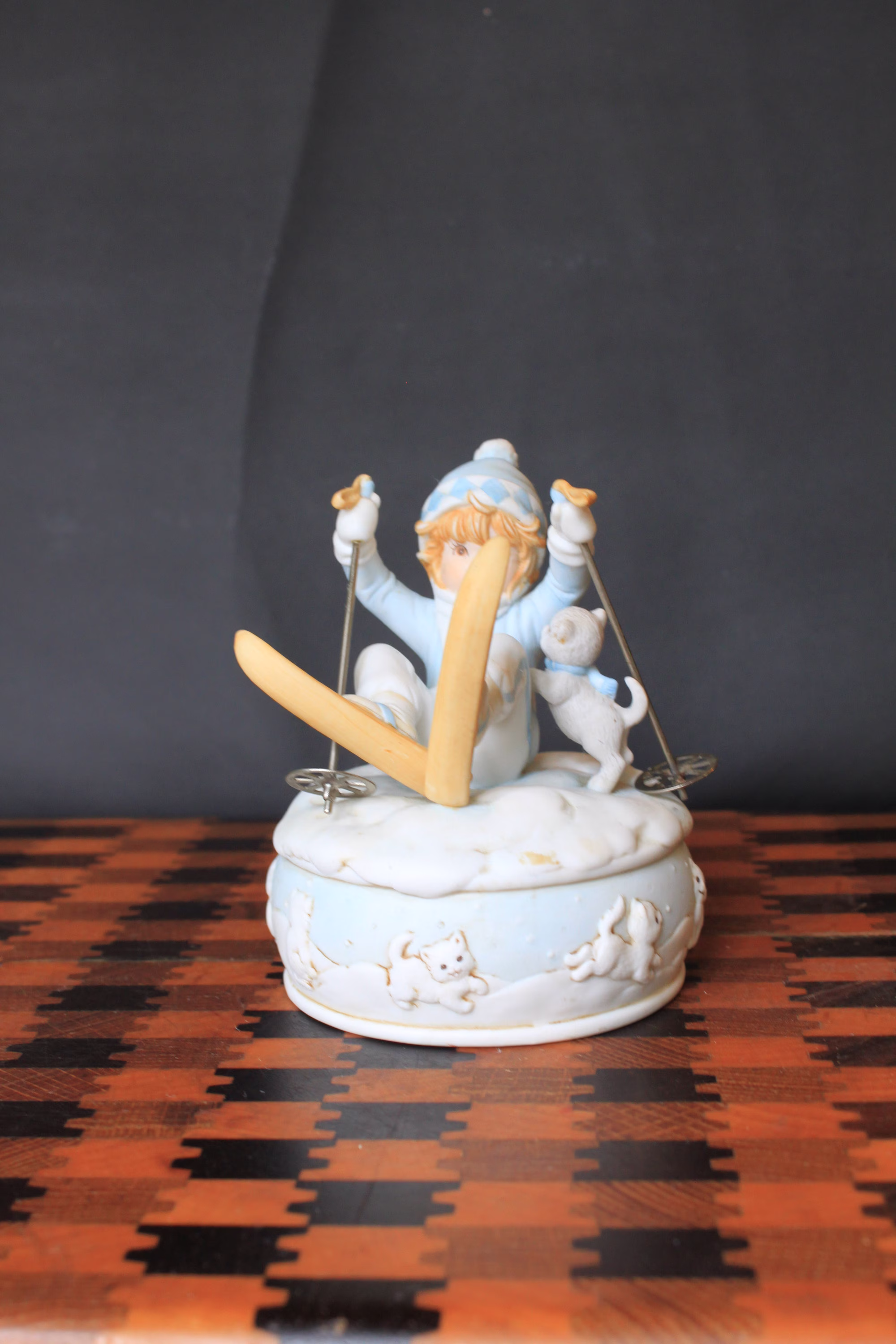 Enesco Winter Wonderland Music Box For Vintage Seasonal Mantel Decor. Little Boy Skiing Trip With Cute Kitten. Gift Grandchild