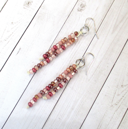 Rose Pink Long Earrings, Seed Bead Jewelry, Dainty Asymmetrical .925 Sterling Silver Filled 3In