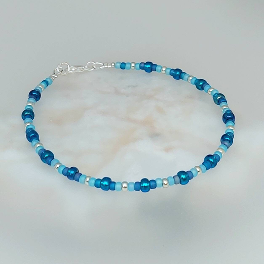 Blue Seed Bead Anklet - Sea Beach Mermaid Made in Cornwall Cornish Jewellery