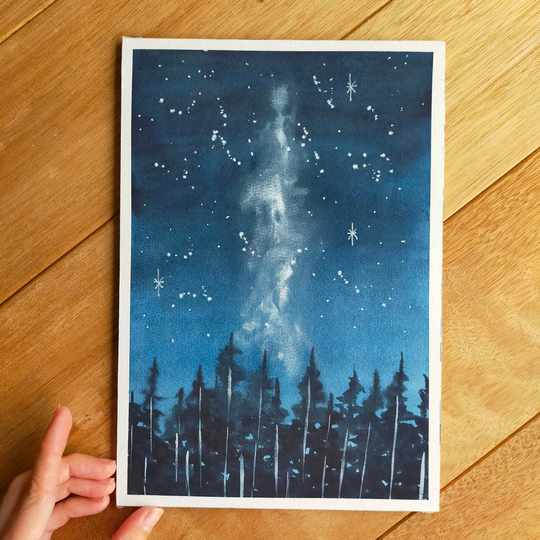 Watercolor Galaxy, Galaxy Painting, Night Sky Forest Watercolor Forest, Original Aquarel