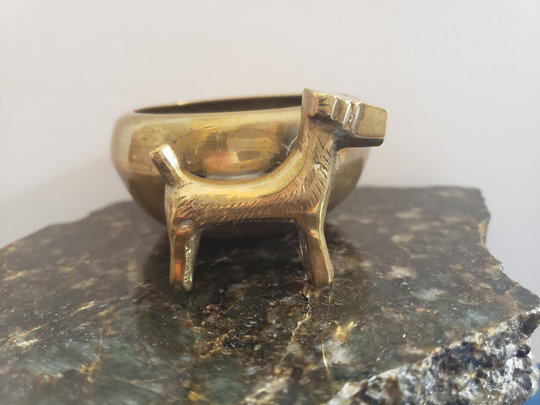 Window Ledge Brass Bowl with Dog Figurine, Vintage Marked China, Etched Flower Pattern