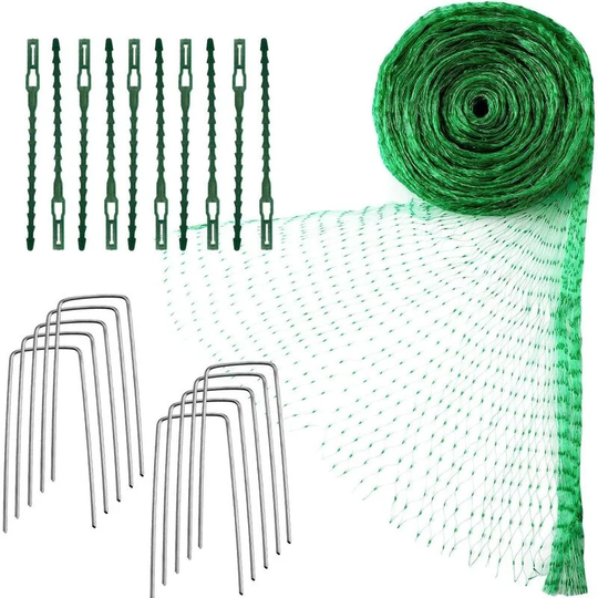 4m x 10m bird protection netting garden plant netting fruit tree netting with cable ties and u-shaped garden stakes (green)