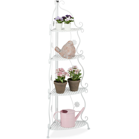 Metal Plant Stand, 4 Tiers, Decorative Rack, Indoor & Outdoor, HxWxD: 113.5 x 31 x 31 cm, Corner Shelf, White - Relaxdays