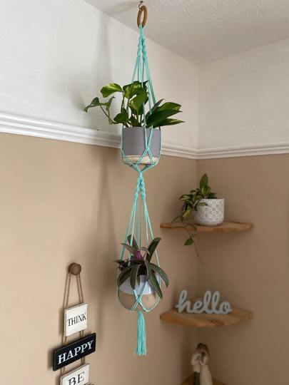 Mint Green Double Plant Hanger, Large Hanger, Accessories, Boho Decor, Macrame Pot Holder, Planter, Multiple Plants Holder