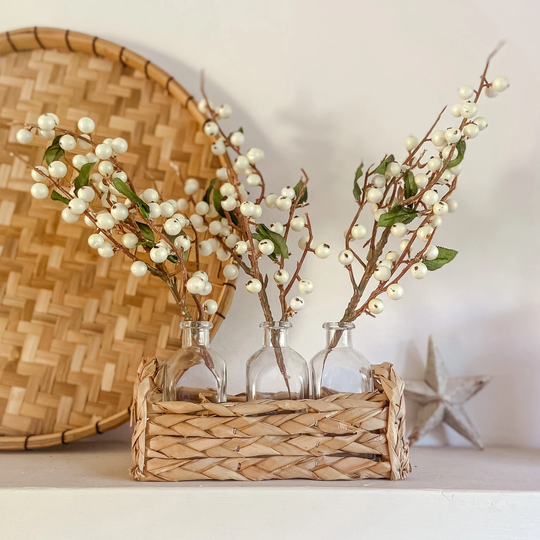 Neutral Straw Basket With 3 Glass Bottle Vases - Scandi Farmhouse Country Decor Rustic Centrepiece, Mother's Day Gifts