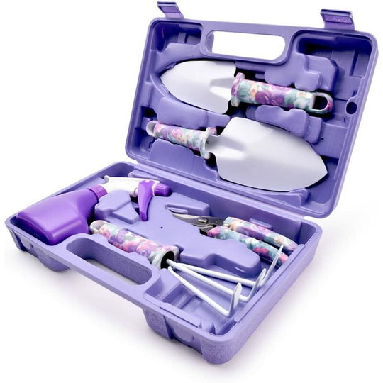 Garden tools 5 pieces with planters scissors harrow rust sprayer and box (purple)
